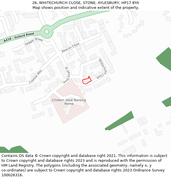 26, WHITECHURCH CLOSE, STONE, AYLESBURY, HP17 8YA: Location map and indicative extent of plot