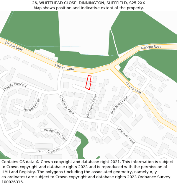 26, WHITEHEAD CLOSE, DINNINGTON, SHEFFIELD, S25 2XX: Location map and indicative extent of plot