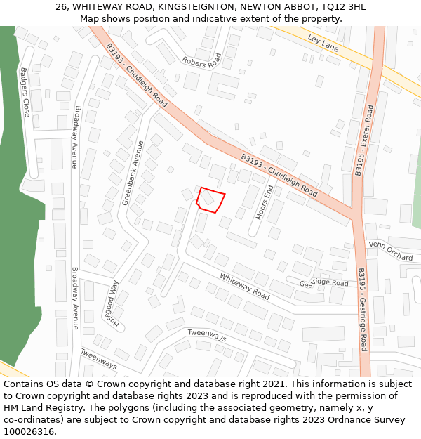 26, WHITEWAY ROAD, KINGSTEIGNTON, NEWTON ABBOT, TQ12 3HL: Location map and indicative extent of plot