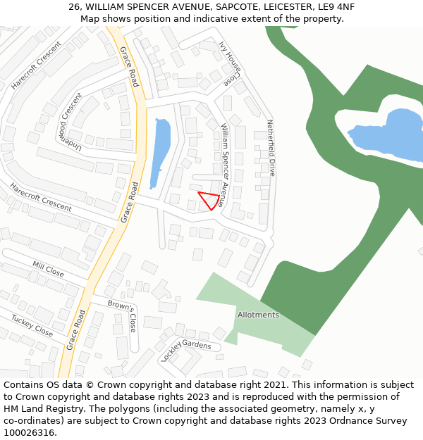 26, WILLIAM SPENCER AVENUE, SAPCOTE, LEICESTER, LE9 4NF: Location map and indicative extent of plot