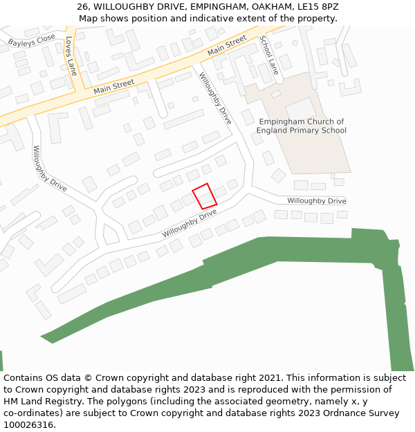 26, WILLOUGHBY DRIVE, EMPINGHAM, OAKHAM, LE15 8PZ: Location map and indicative extent of plot