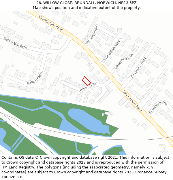 26, WILLOW CLOSE, BRUNDALL, NORWICH, NR13 5PZ: Location map and indicative extent of plot