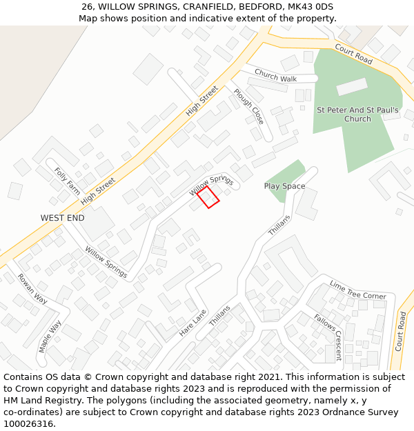 26, WILLOW SPRINGS, CRANFIELD, BEDFORD, MK43 0DS: Location map and indicative extent of plot