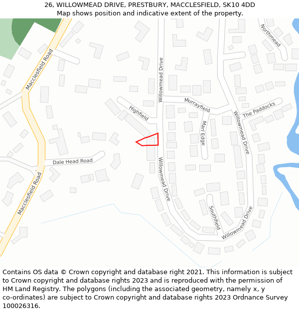 26, WILLOWMEAD DRIVE, PRESTBURY, MACCLESFIELD, SK10 4DD: Location map and indicative extent of plot