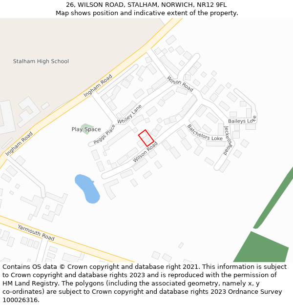 26, WILSON ROAD, STALHAM, NORWICH, NR12 9FL: Location map and indicative extent of plot