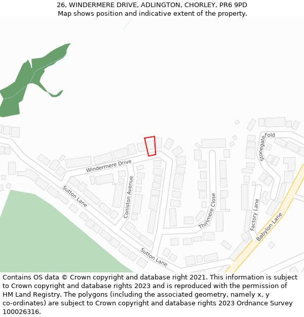 26, WINDERMERE DRIVE, ADLINGTON, CHORLEY, PR6 9PD: Location map and indicative extent of plot