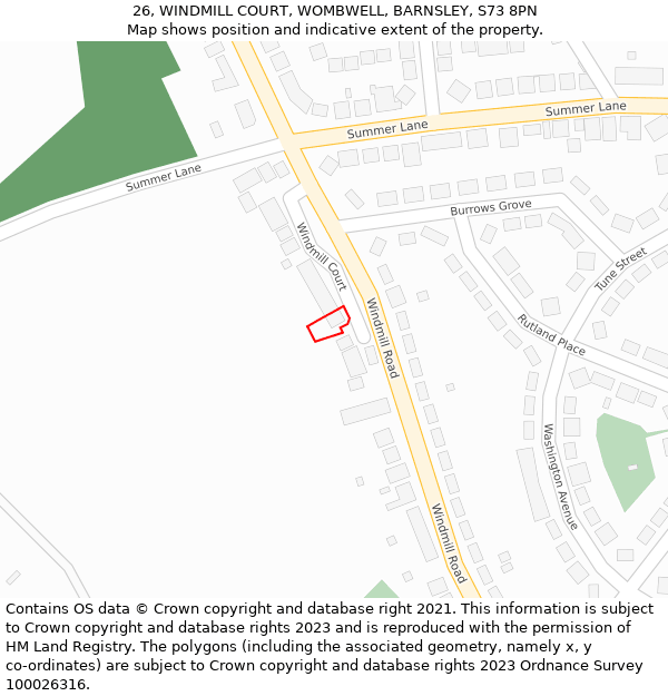 26, WINDMILL COURT, WOMBWELL, BARNSLEY, S73 8PN: Location map and indicative extent of plot