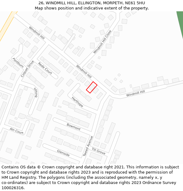 26, WINDMILL HILL, ELLINGTON, MORPETH, NE61 5HU: Location map and indicative extent of plot