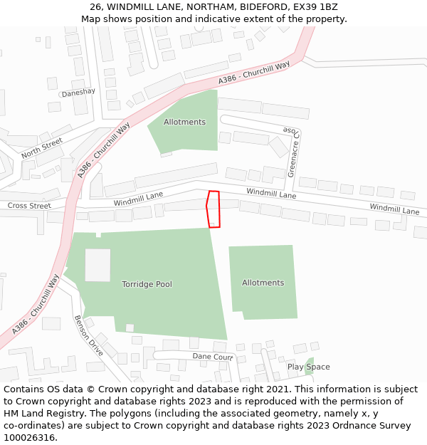 26, WINDMILL LANE, NORTHAM, BIDEFORD, EX39 1BZ: Location map and indicative extent of plot