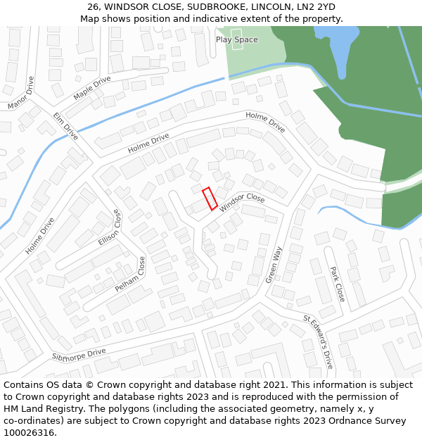 26, WINDSOR CLOSE, SUDBROOKE, LINCOLN, LN2 2YD: Location map and indicative extent of plot