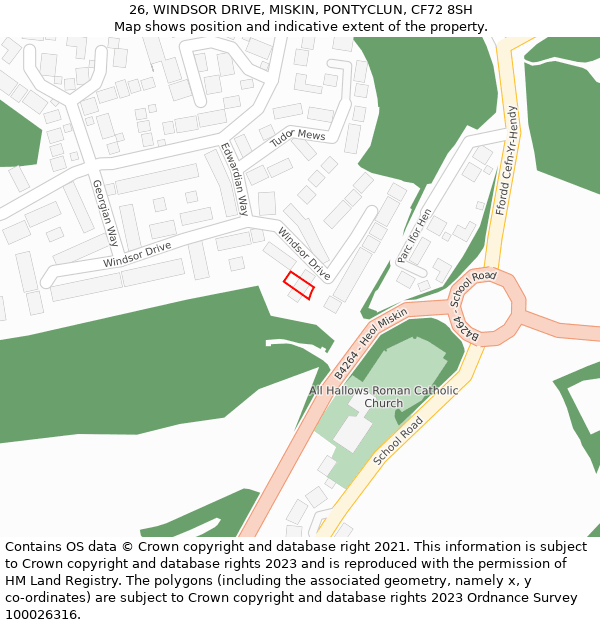 26, WINDSOR DRIVE, MISKIN, PONTYCLUN, CF72 8SH: Location map and indicative extent of plot