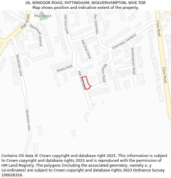 26, WINDSOR ROAD, PATTINGHAM, WOLVERHAMPTON, WV6 7DR: Location map and indicative extent of plot