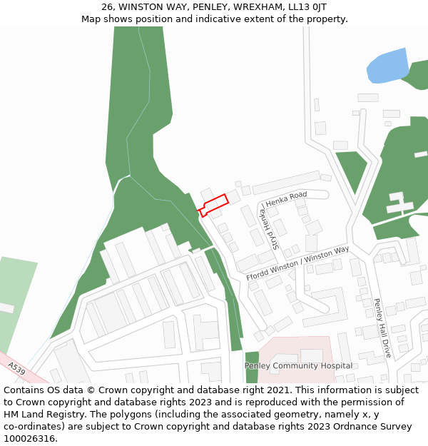 26, WINSTON WAY, PENLEY, WREXHAM, LL13 0JT: Location map and indicative extent of plot