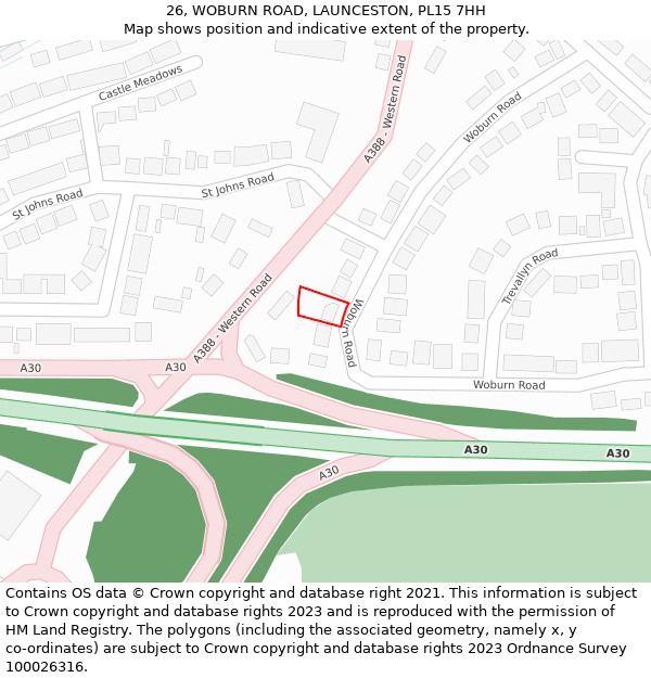 26, WOBURN ROAD, LAUNCESTON, PL15 7HH: Location map and indicative extent of plot