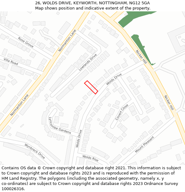 26, WOLDS DRIVE, KEYWORTH, NOTTINGHAM, NG12 5GA: Location map and indicative extent of plot