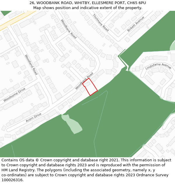 26, WOODBANK ROAD, WHITBY, ELLESMERE PORT, CH65 6PU: Location map and indicative extent of plot