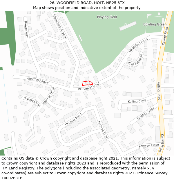 26, WOODFIELD ROAD, HOLT, NR25 6TX: Location map and indicative extent of plot