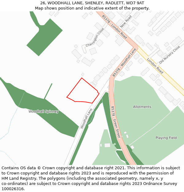 26, WOODHALL LANE, SHENLEY, RADLETT, WD7 9AT: Location map and indicative extent of plot