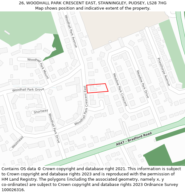 26, WOODHALL PARK CRESCENT EAST, STANNINGLEY, PUDSEY, LS28 7HG: Location map and indicative extent of plot