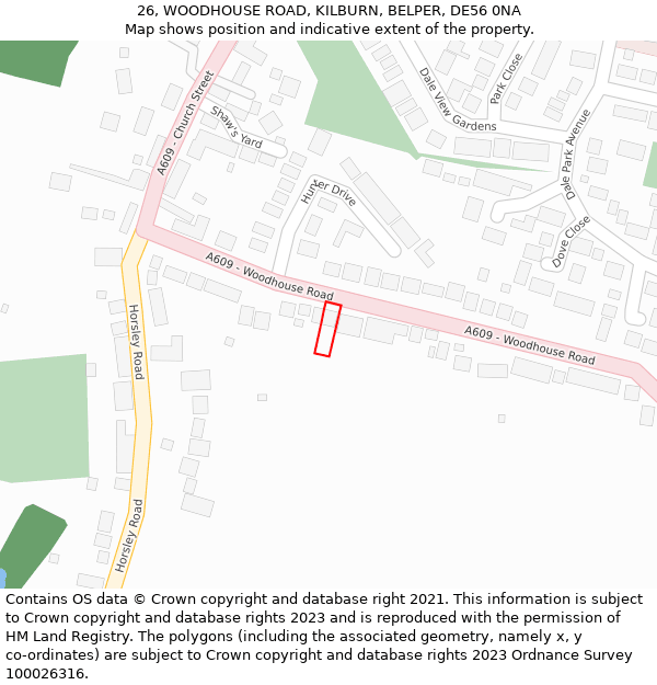 26, WOODHOUSE ROAD, KILBURN, BELPER, DE56 0NA: Location map and indicative extent of plot