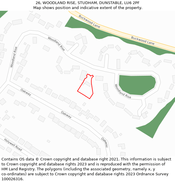 26, WOODLAND RISE, STUDHAM, DUNSTABLE, LU6 2PF: Location map and indicative extent of plot