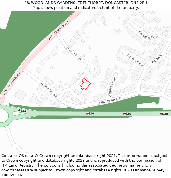 26, WOODLANDS GARDENS, EDENTHORPE, DONCASTER, DN3 2BH: Location map and indicative extent of plot