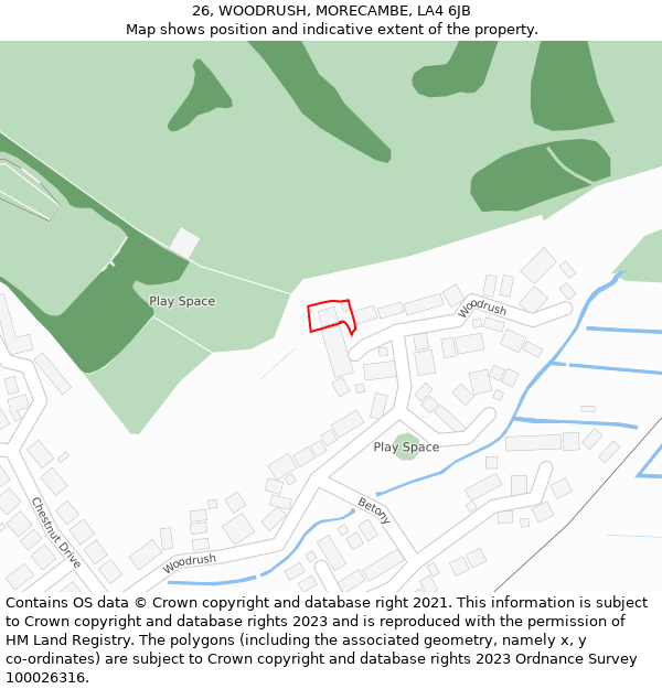 26, WOODRUSH, MORECAMBE, LA4 6JB: Location map and indicative extent of plot