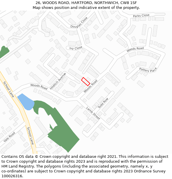 26, WOODS ROAD, HARTFORD, NORTHWICH, CW8 1SF: Location map and indicative extent of plot