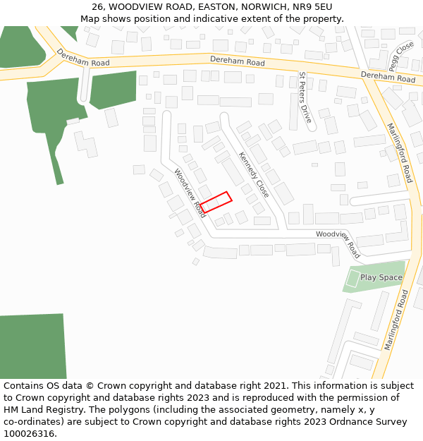 26, WOODVIEW ROAD, EASTON, NORWICH, NR9 5EU: Location map and indicative extent of plot