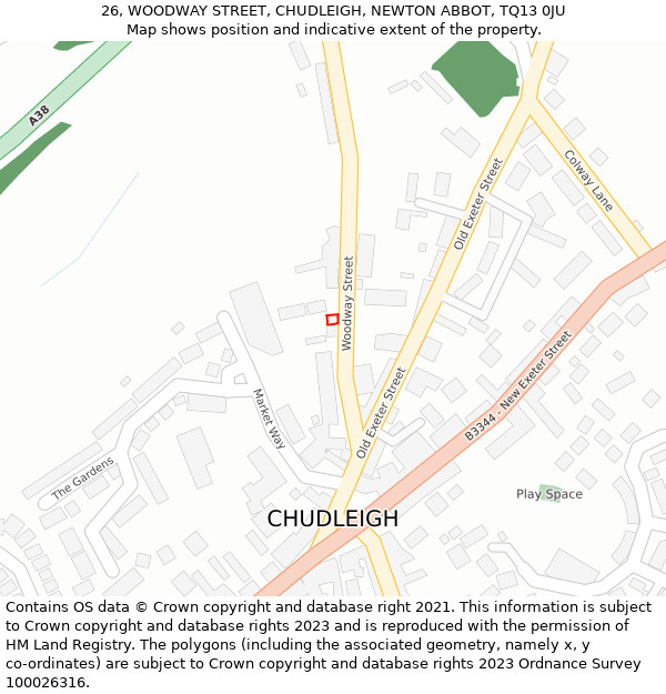 26, WOODWAY STREET, CHUDLEIGH, NEWTON ABBOT, TQ13 0JU: Location map and indicative extent of plot