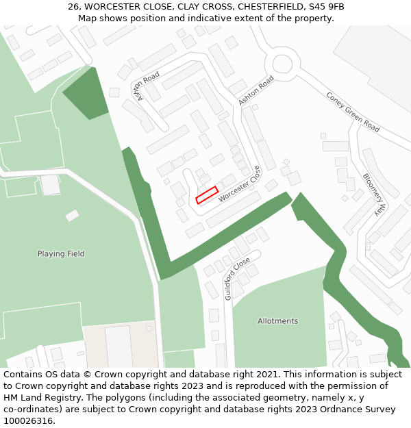 26, WORCESTER CLOSE, CLAY CROSS, CHESTERFIELD, S45 9FB: Location map and indicative extent of plot