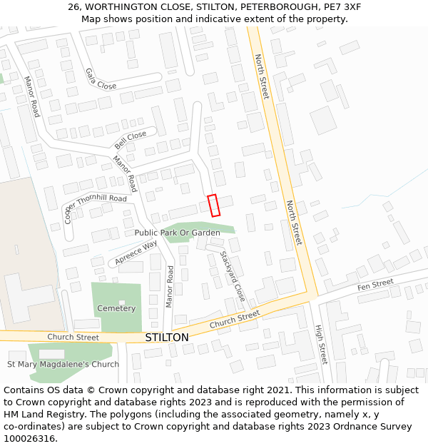 26, WORTHINGTON CLOSE, STILTON, PETERBOROUGH, PE7 3XF: Location map and indicative extent of plot