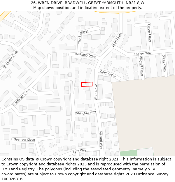 26, WREN DRIVE, BRADWELL, GREAT YARMOUTH, NR31 8JW: Location map and indicative extent of plot