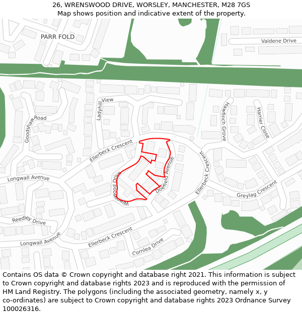 26, WRENSWOOD DRIVE, WORSLEY, MANCHESTER, M28 7GS: Location map and indicative extent of plot