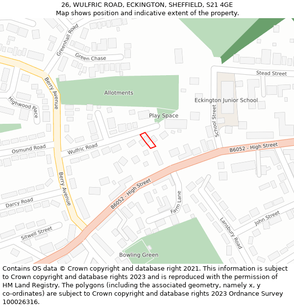 26, WULFRIC ROAD, ECKINGTON, SHEFFIELD, S21 4GE: Location map and indicative extent of plot