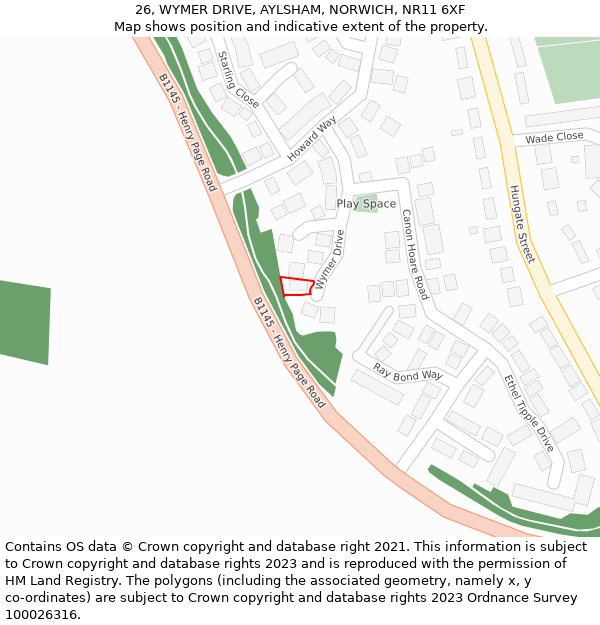 26, WYMER DRIVE, AYLSHAM, NORWICH, NR11 6XF: Location map and indicative extent of plot