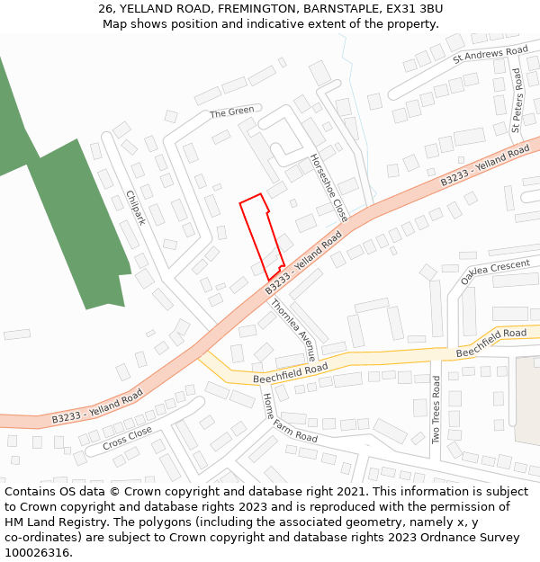 26, YELLAND ROAD, FREMINGTON, BARNSTAPLE, EX31 3BU: Location map and indicative extent of plot