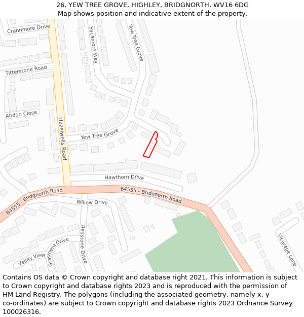 26, YEW TREE GROVE, HIGHLEY, BRIDGNORTH, WV16 6DG: Location map and indicative extent of plot