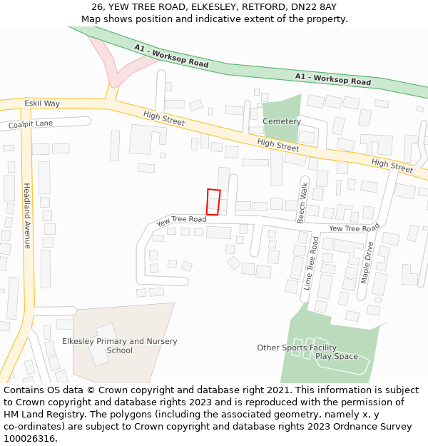 26, YEW TREE ROAD, ELKESLEY, RETFORD, DN22 8AY: Location map and indicative extent of plot