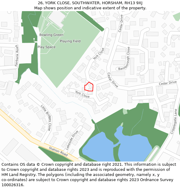 26, YORK CLOSE, SOUTHWATER, HORSHAM, RH13 9XJ: Location map and indicative extent of plot