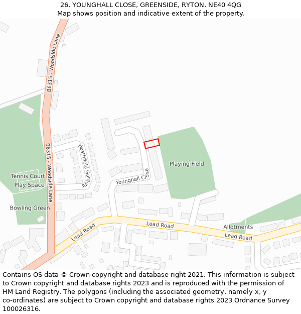 26, YOUNGHALL CLOSE, GREENSIDE, RYTON, NE40 4QG: Location map and indicative extent of plot