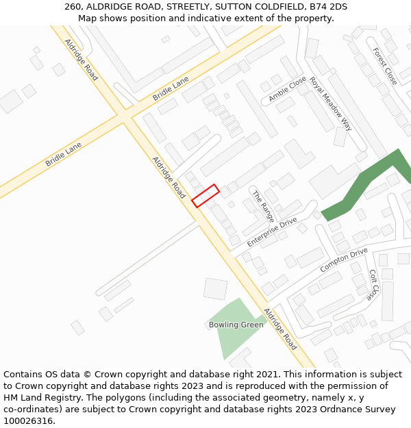 260, ALDRIDGE ROAD, STREETLY, SUTTON COLDFIELD, B74 2DS: Location map and indicative extent of plot