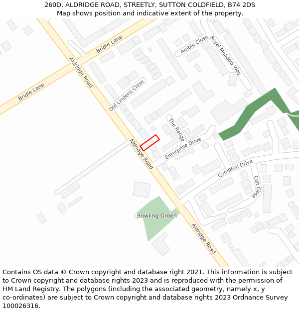 260D, ALDRIDGE ROAD, STREETLY, SUTTON COLDFIELD, B74 2DS: Location map and indicative extent of plot
