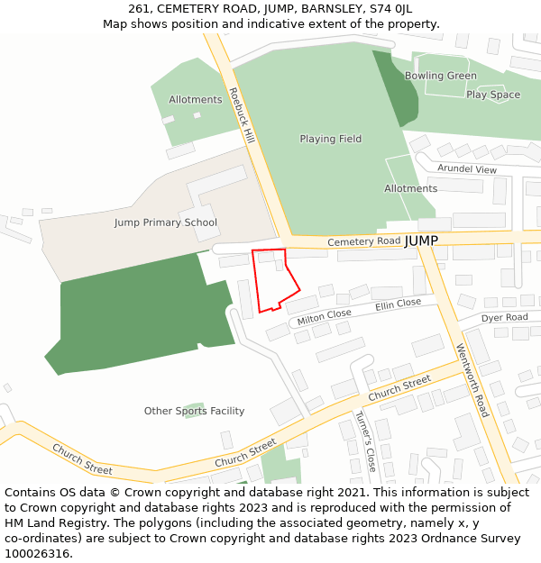 261, CEMETERY ROAD, JUMP, BARNSLEY, S74 0JL: Location map and indicative extent of plot