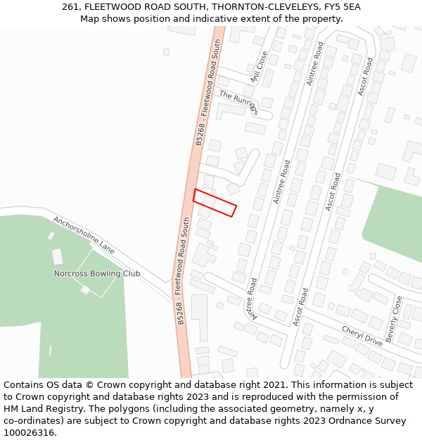 261, FLEETWOOD ROAD SOUTH, THORNTON-CLEVELEYS, FY5 5EA: Location map and indicative extent of plot