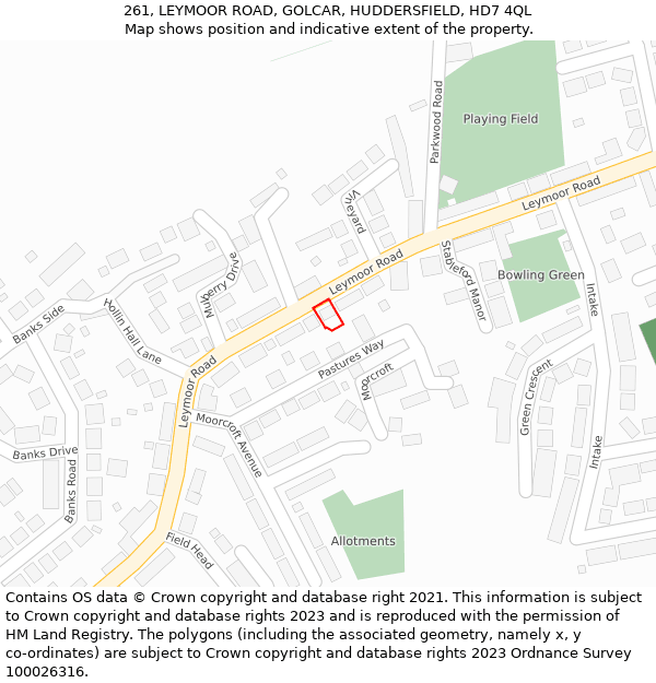 261, LEYMOOR ROAD, GOLCAR, HUDDERSFIELD, HD7 4QL: Location map and indicative extent of plot