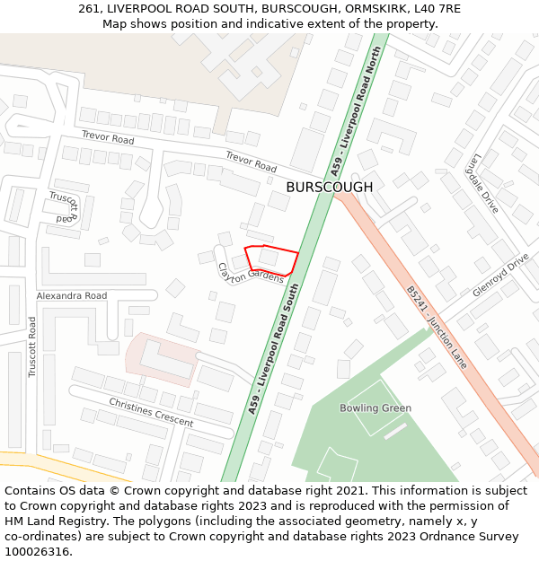 261, LIVERPOOL ROAD SOUTH, BURSCOUGH, ORMSKIRK, L40 7RE: Location map and indicative extent of plot