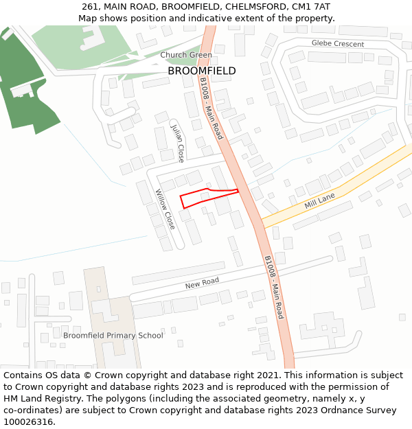 261, MAIN ROAD, BROOMFIELD, CHELMSFORD, CM1 7AT: Location map and indicative extent of plot