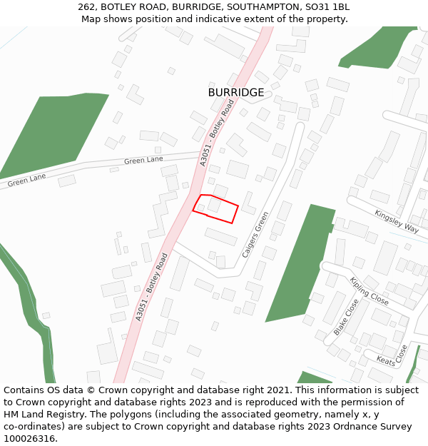 262, BOTLEY ROAD, BURRIDGE, SOUTHAMPTON, SO31 1BL: Location map and indicative extent of plot