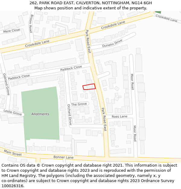 262, PARK ROAD EAST, CALVERTON, NOTTINGHAM, NG14 6GH: Location map and indicative extent of plot